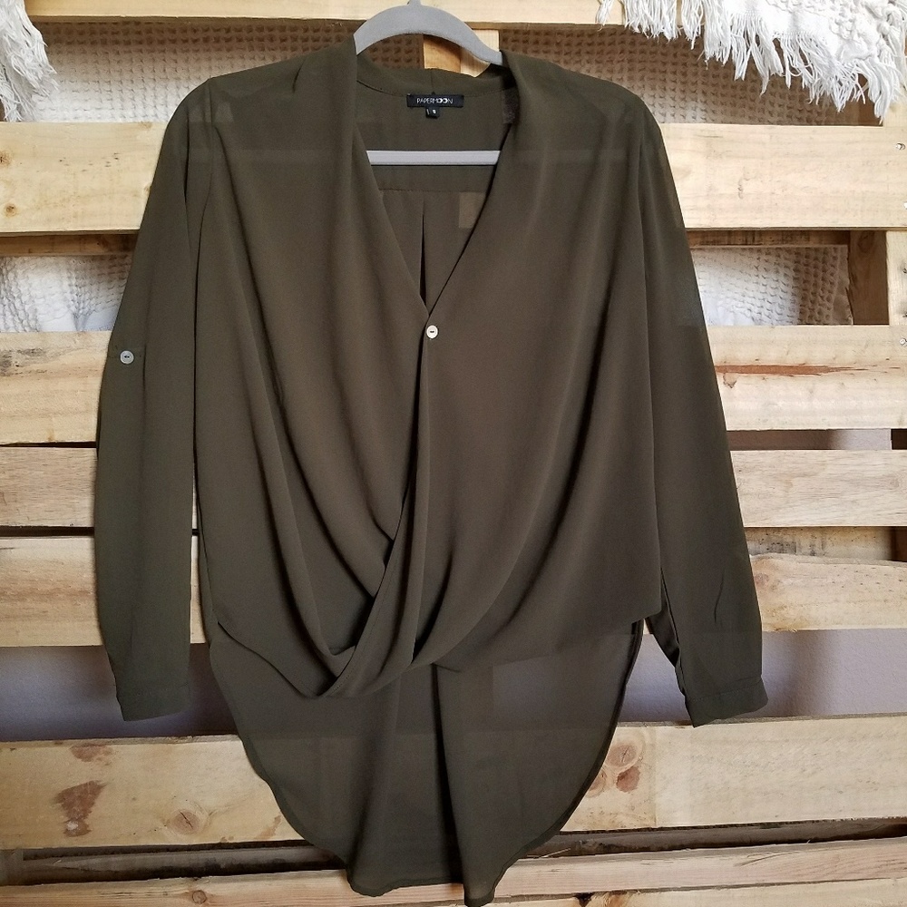 Olive green draped blouse high low LIKE NEW